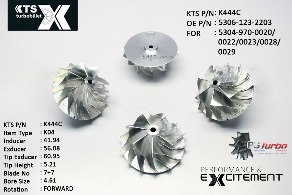 Turbo ROUE FORGÉE MFS PERFORMANCE - 7+7 PALES - INDUCER : 41,94 - EXDUCER : 56,08 - TYPE : K04ANGLE : 65° - ROTATION : Forward - SUPER BACK : 1,8 - BORE SIZE : 4,61
